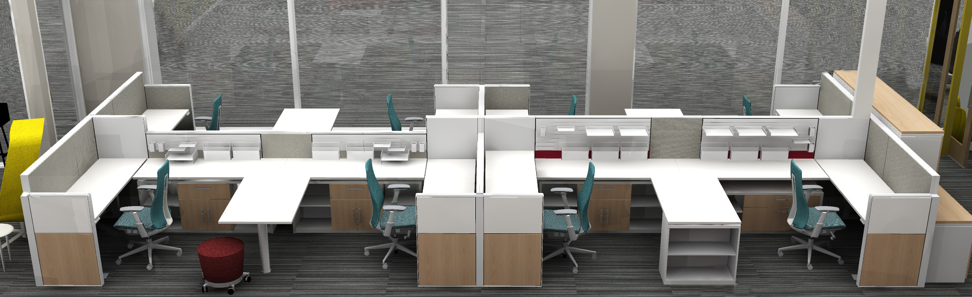 A rendering of our reconfigured office layout, with our workstations moved to the opposite side of the showroom.