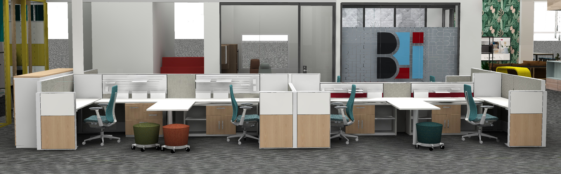 A rendering of our reconfigured office layout, with our workstations moved to the opposite side of the showroom.