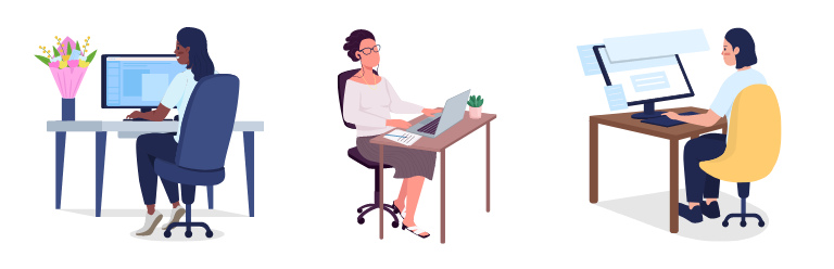 Illustration depicting workers in healthy ergonomic postures at their desks