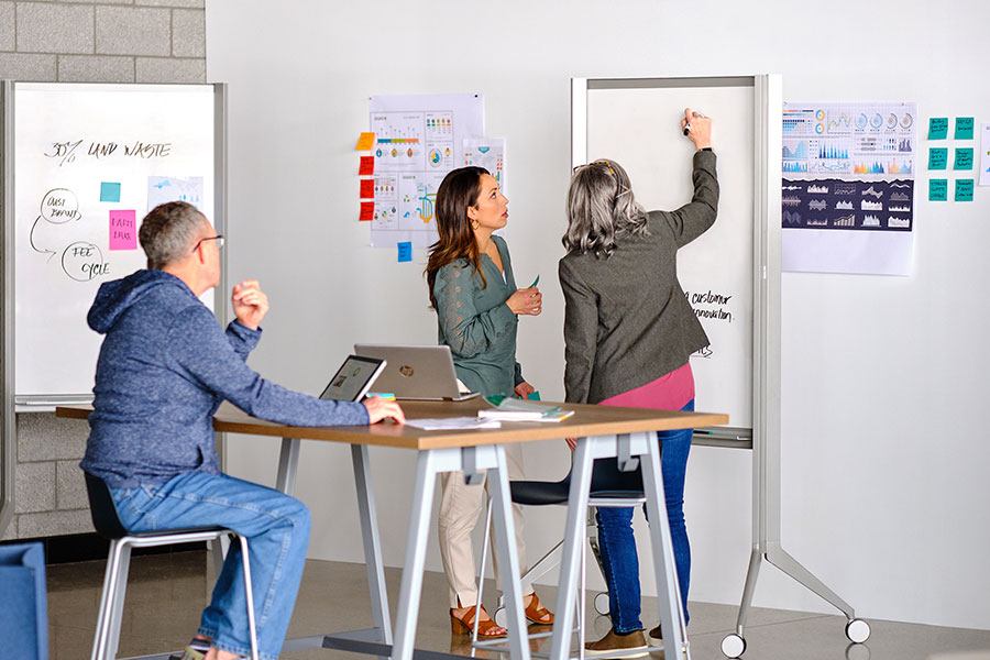 Three coworkers collaborate in a moveable work place with two whiteboards on wheels, a standing-height table on wheels, and charts and graphs pinned to the walls.